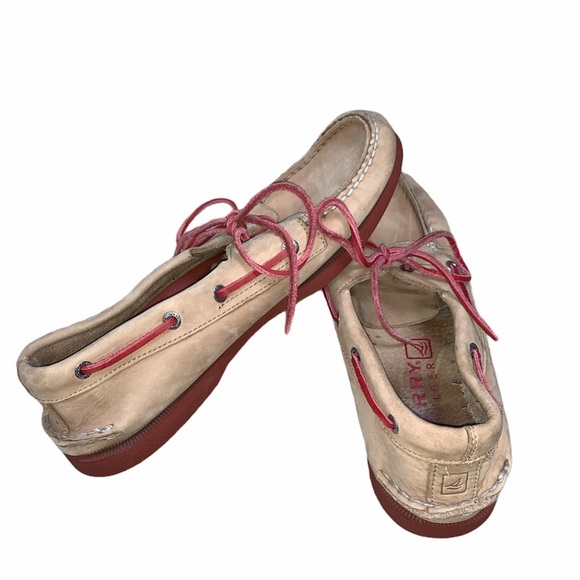Mens Sperry Khaki & Red Lace Boat Shoes - Picture 1 of 10